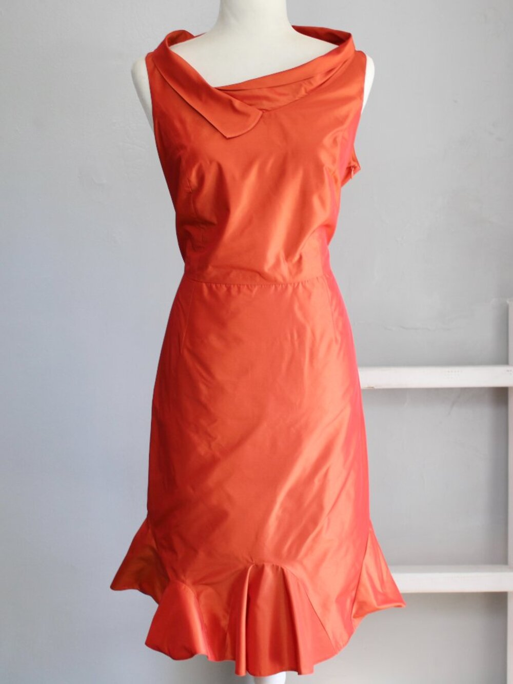 Monari Orange Gazar Portrait Collar Ruffle Hem Sleeveless Party Midi Dress sz 14